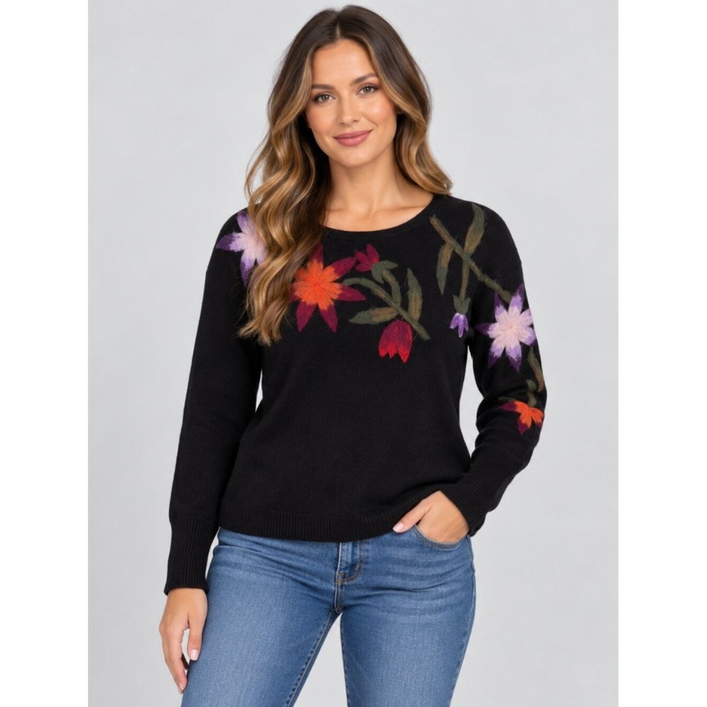 Nicole Alexander Womens Small Black Floral Embroidered Sweater Long Sleeve Boho
